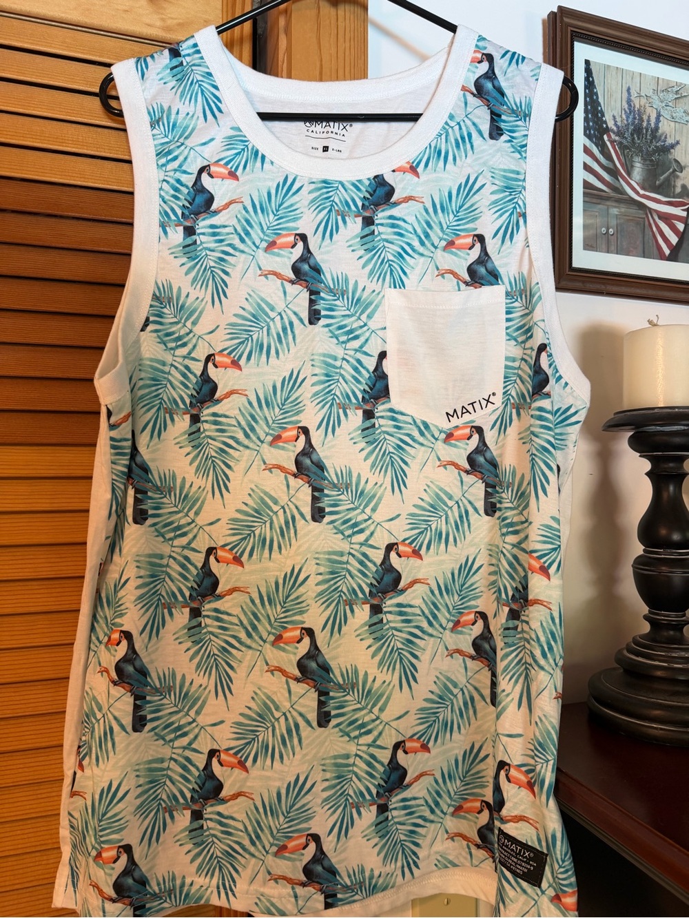Matix White Tropical Toucan Pocket Tank Top with Teal Palm Print